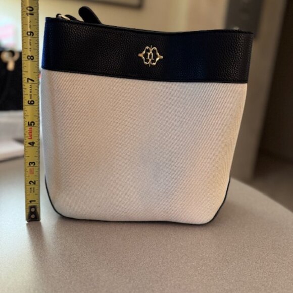 Nanette Lepore black leather and beige canvas shoulder handbag (#102) - Picture 2 of 8